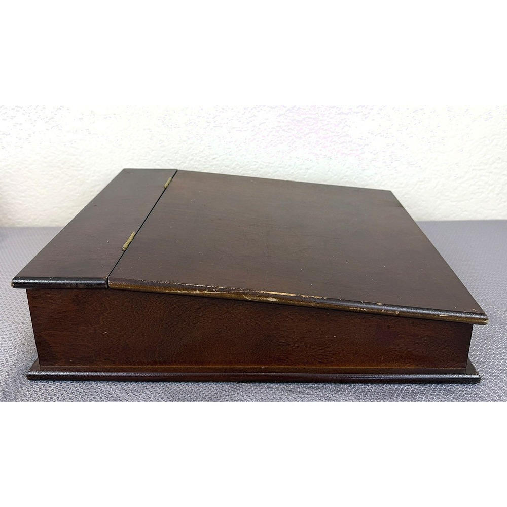 Vintage Wood Lap Desk Hinged Slant-Top Writing Box Mahogany Brown Good 13.5x11.5 - Picture 3 of 8